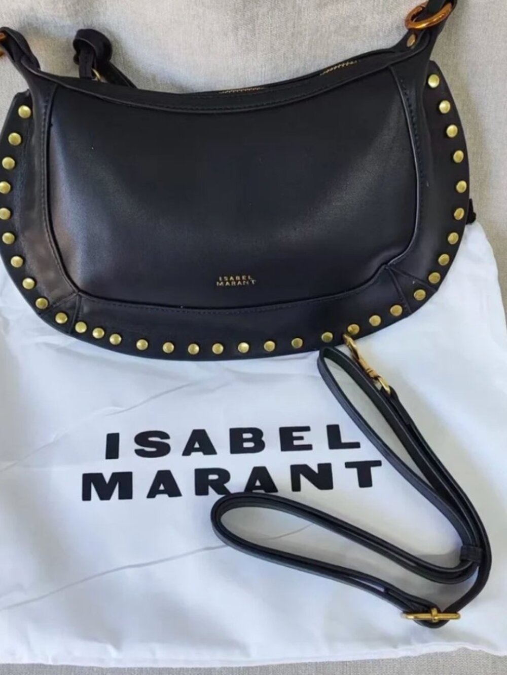 Isabel Marant Oskan Moon Black Leather Studded Crescent Crossbody Bag